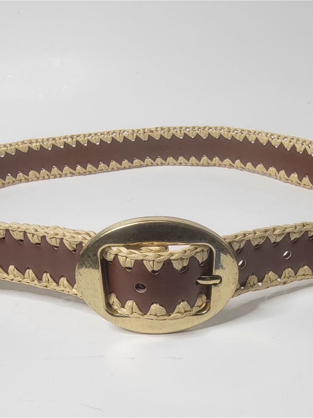 Mongo handwoven edge brown leather belt whit gold buckle size S